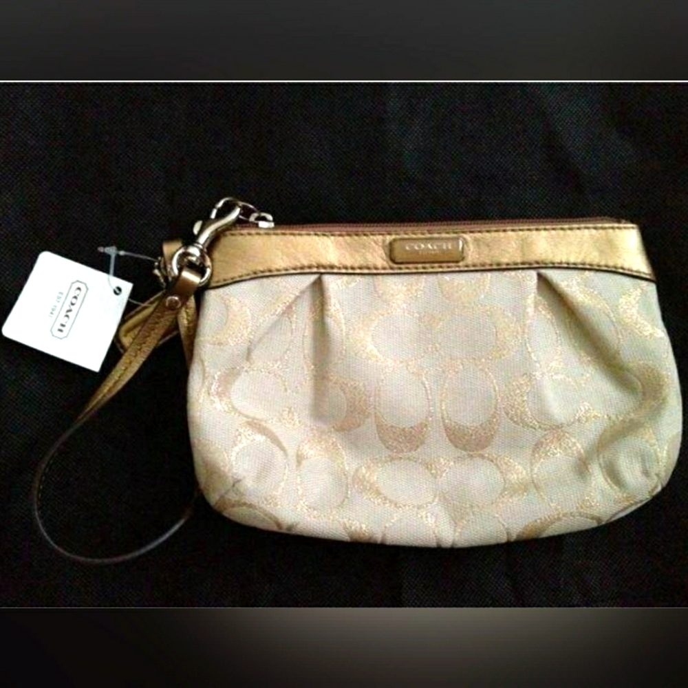 COACH Signature Metallic Khaki Gold Medium Wristlet Clutch